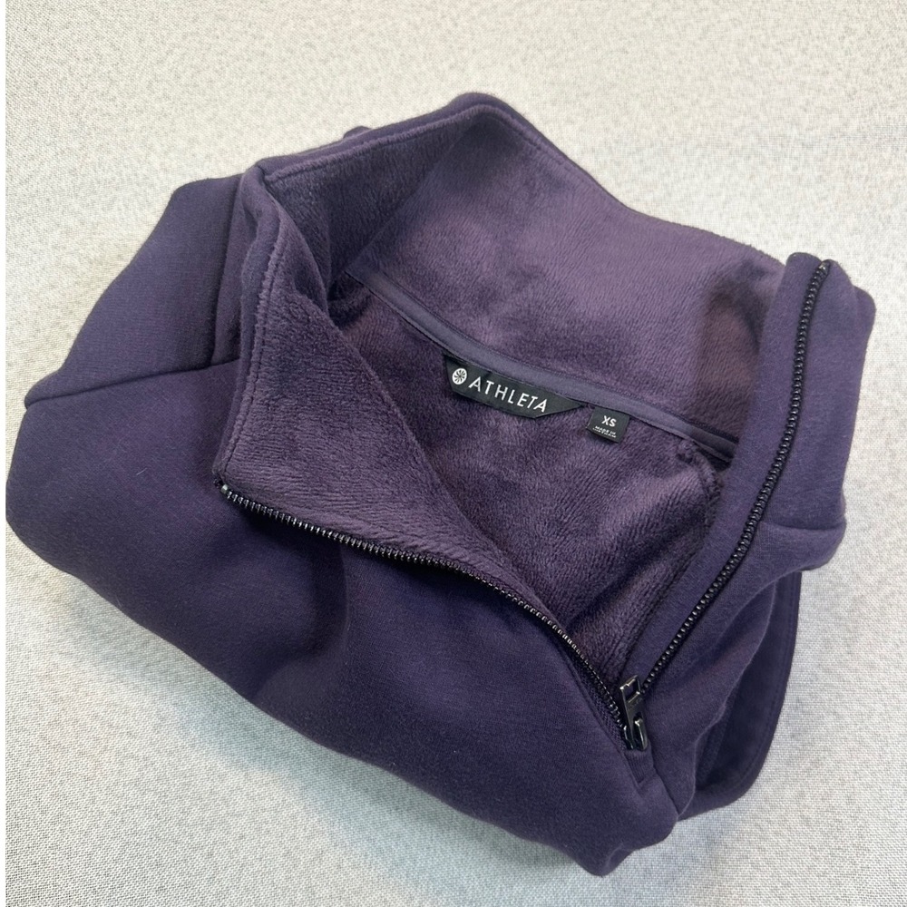 Athleta Pullover Women XS Purple Cotton Blend Asymmetrical Zip Tulip Hem Fleece